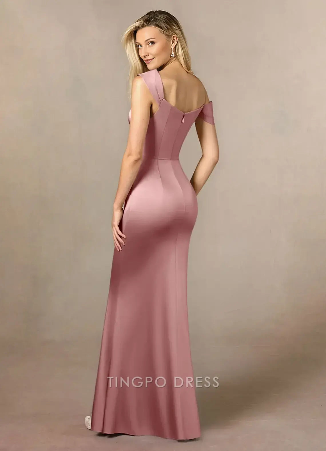 TingPo Wholesale Elegant Mother of the Bride Dresses Dusty Rose Mermaid Pleated Stretch Satin Dress hot sale for ladies